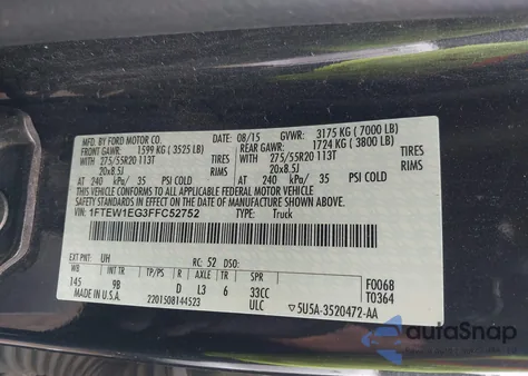 2015 Ford F150 Platinum from USA, damaged, VIN 1FTEW1EG3FFC52752